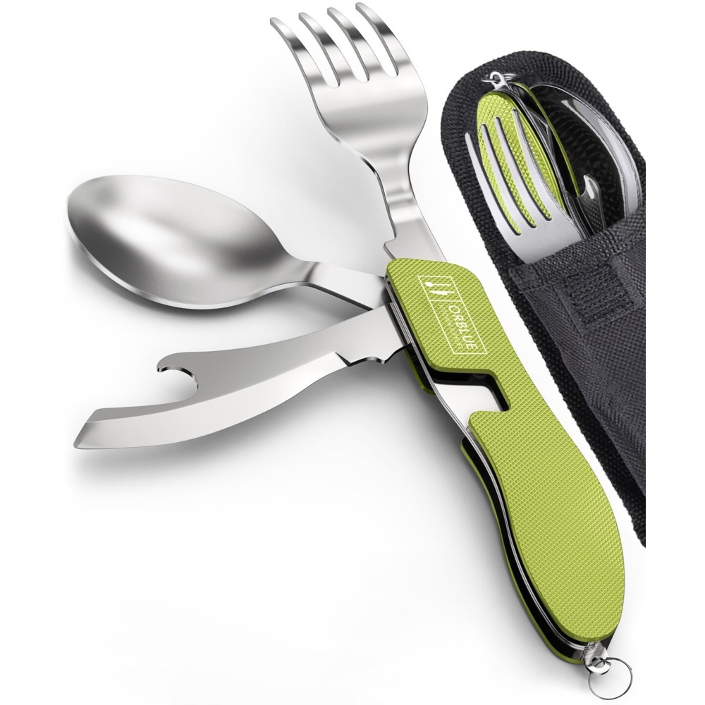 Orblue 4-in-1 Camping Eating Utensils, 2-Pack - Portable Spoon, Fork, Knife & Bottle Opener Combo Set - Stainless Steel Flatware with Detachable Fork - Travel, Backpacking Cutlery Multitool, Green