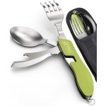 Orblue 4-in-1 Camping Eating Utensils, 2-Pack - Portable Spoon, Fork, Knife & Bottle Opener Combo Set - Stainless Steel Flatware with Detachable Fork - Travel, Backpacking Cutlery Multitool, Green