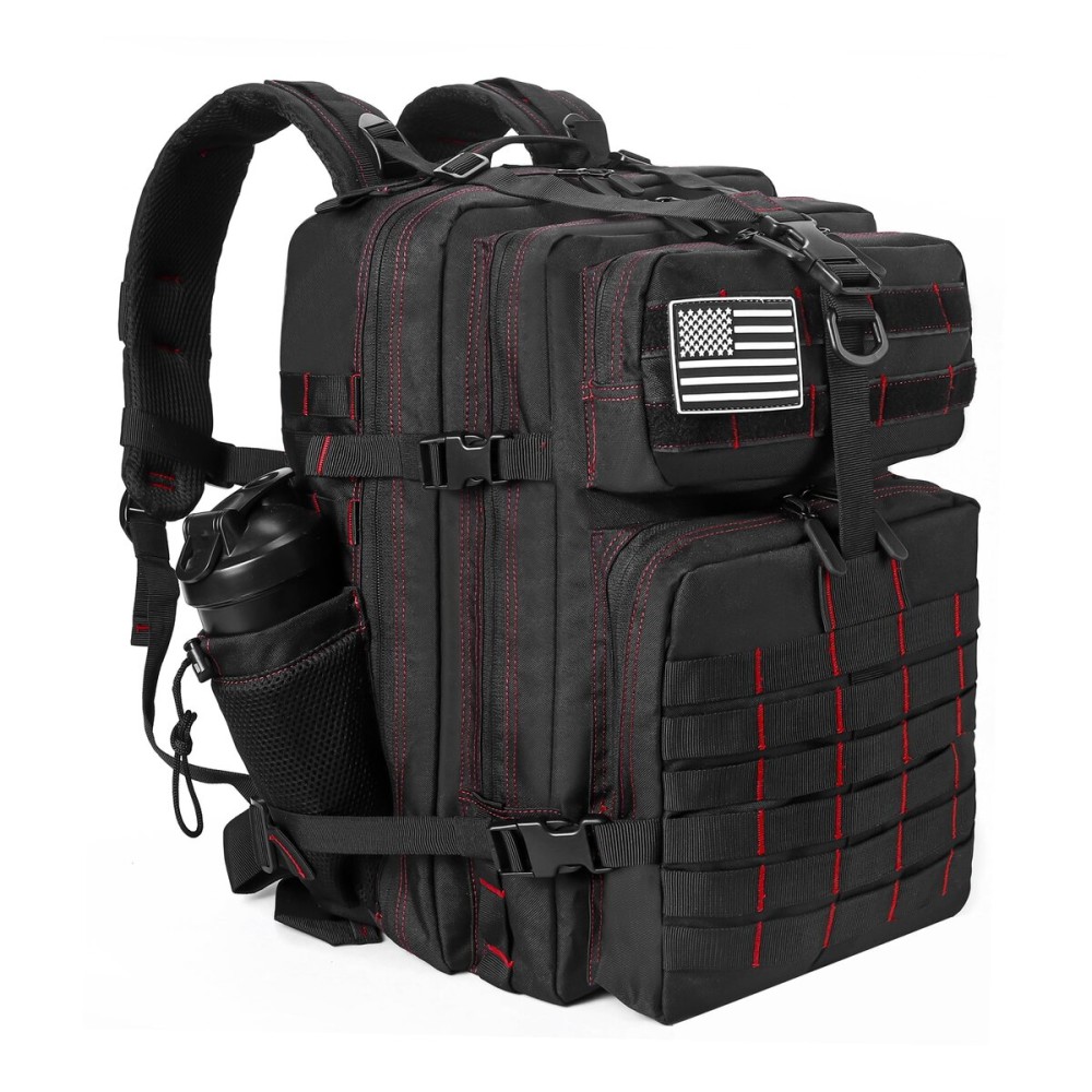 LHI Military Tactical Backpack for Men and Women 45L Army 3 Days Assault Pack Bag Large Rucksack with Molle System - Black With Red Line