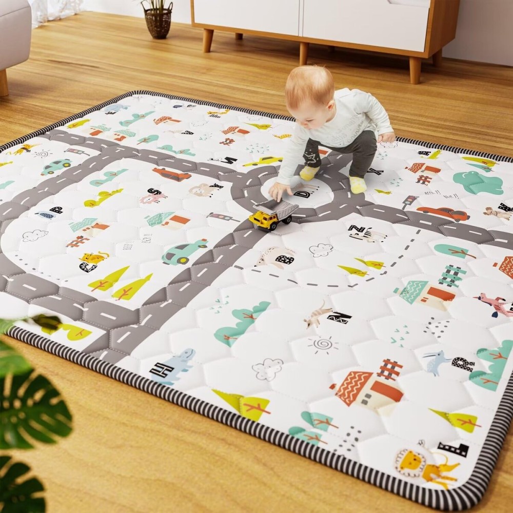 Car Portable Baby Play Mat 71 X 59 Playpen Mat Upgraded Thicken Baby Floor Play Mat Non-Slip Cushioned Crawling Mat Waterproof Activity Playmats for Babies Toddlers Infants (71X59, Letter Car)
