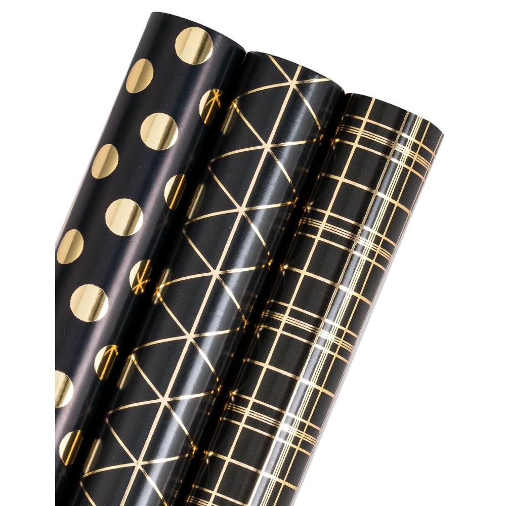 WRAPAHOLIC Black & Gold Geometric Wrapping Paper - 3 Rolls, 17 x 120 Each - Perfect for Multiple Occasions