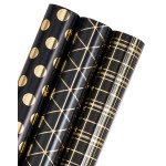 WRAPAHOLIC Black & Gold Geometric Wrapping Paper - 3 Rolls, 17 x 120 Each - Perfect for Multiple Occasions