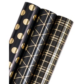 WRAPAHOLIC Black & Gold Geometric Wrapping Paper - 3 Rolls, 17 x 120 Each - Perfect for Multiple Occasions