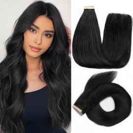 YDDM Tape in Hair Extensions Human Hair, 18 Inch 20pcs Jet Black 100% Remy Human Hair Straight Invisible Tape in Hair Extensions for Women(1, 18 Inch)