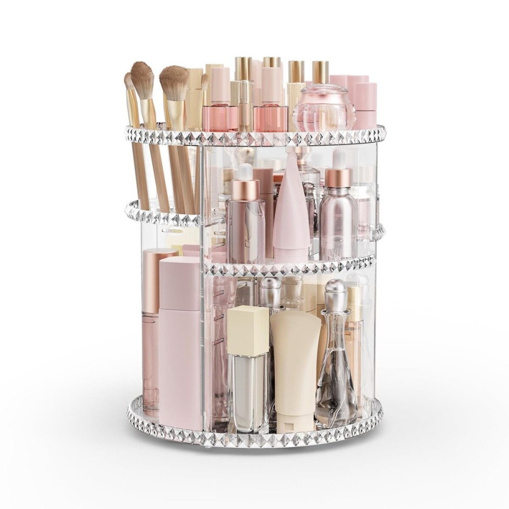 Rosoenvi Rotating Makeup Organizer, Adjustable Vanity Organizer, Large Capacity Cosmetic Display Case for Spinning, Storage Carousel for Bathroom and Vanity Countertop, Diamond Pattern, Clear