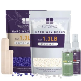 BLITZWAX 2.6lbs Hard Wax Beads for Hair Removal, Lavender and Cream Hot Waxing Beans for Sensitive Skin, Face, Brazilian and Bikini, with 30 Waxing Sticks and 2 Wax Oils for Women and Men, 2 Packs