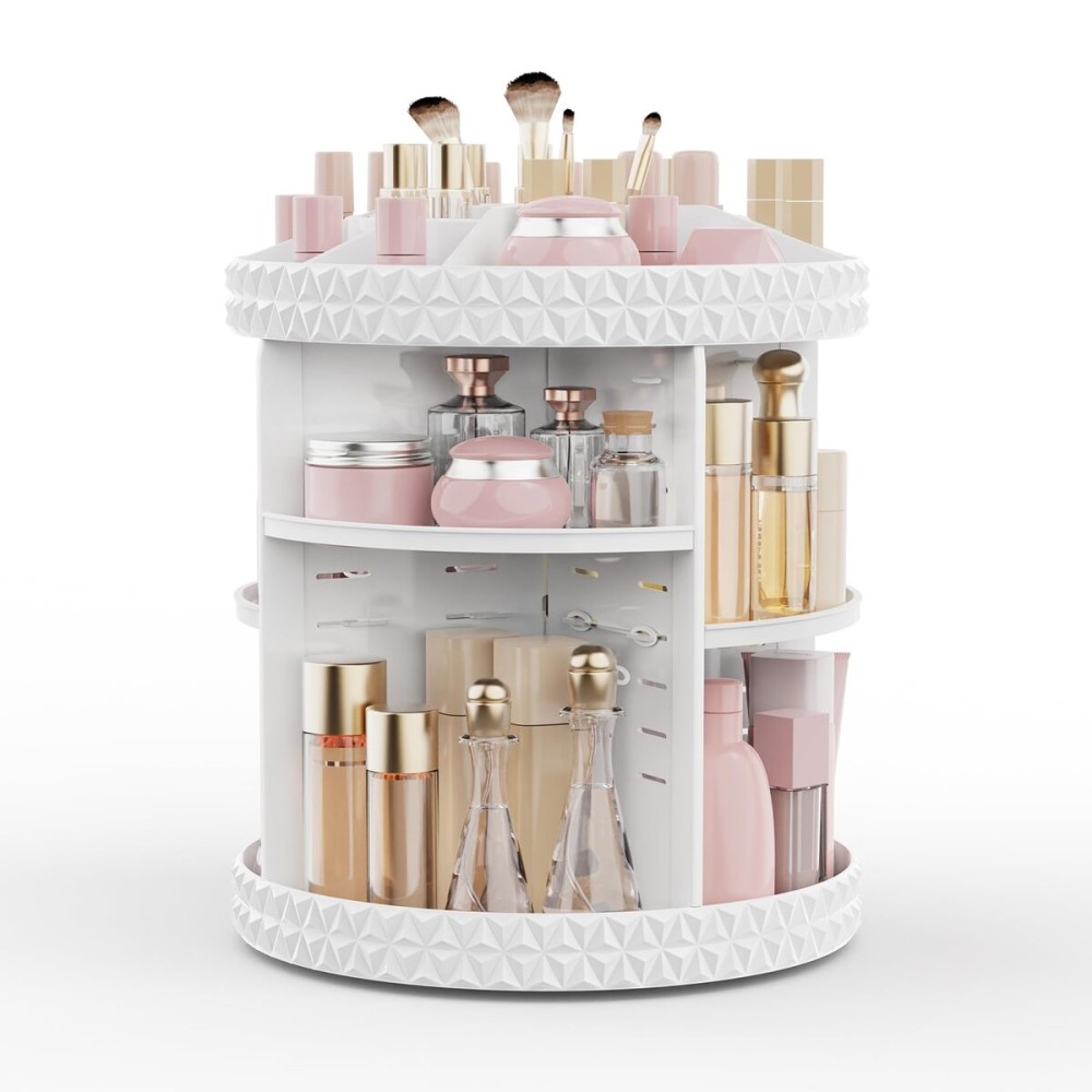 Rosoenvi Rotating Makeup Organizer, Adjustable Vanity Organizer, Large Capacity Cosmetic Display Case for Spinning, Storage Carousel for Bathroom and Vanity Countertop, Diamond Pattern, Large, White