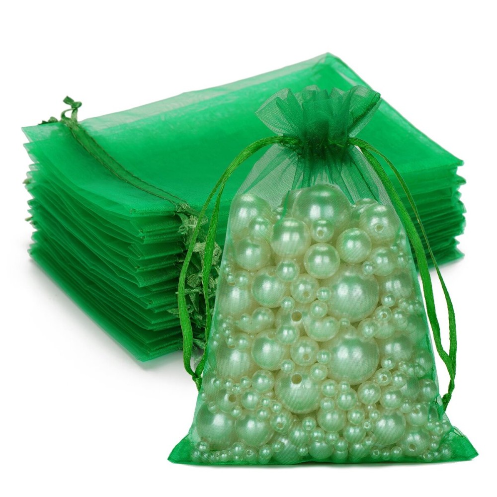 G2PLUS Organza Bags, 100PCS Green Organza Gift Bags, Jewelry Pouches Drawstring Bag 4x6, Sheer Mesh Bag for Candy, Jewelry, Treats, Fruits, Wedding, Christmas Party Favors (Dark Green)