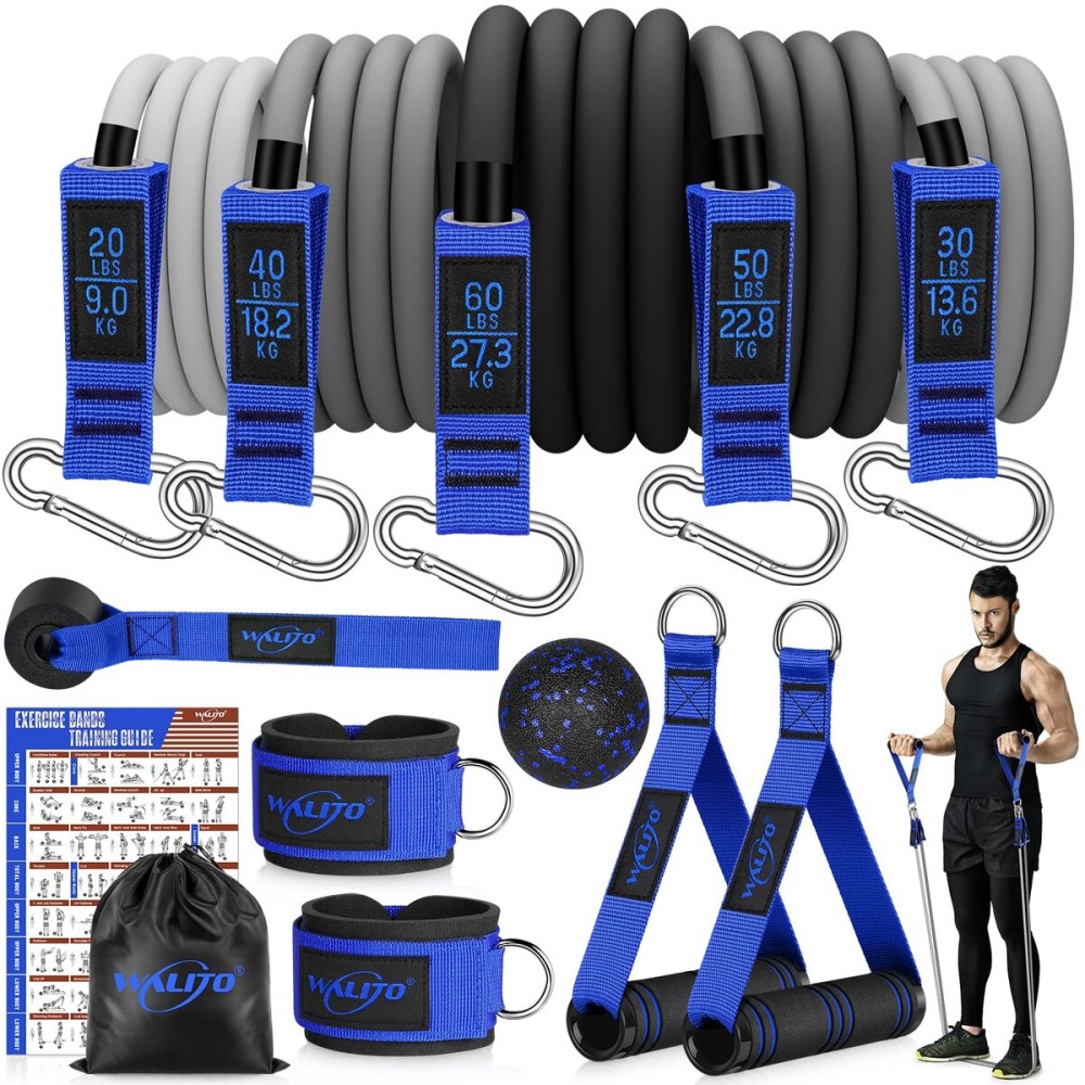 WALITO Resistance Bands Set - Exercise Bands with Handles, Door Anchor, Legs Ankle Straps, for Heavy Resistance Training, Physical Therapy, Muscle Training, Yoga, Home Workouts, Gym (Blue 200Lbs)