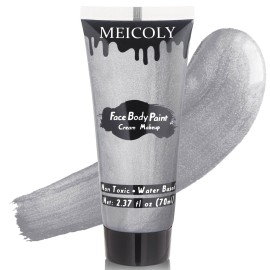 MEICOLY Metallic Silver Face Body Paint for Tin Man Makeup,2.37Oz Large Tube Water Based Full Body Paint for Adults and Kids,Pro Silver Face Paint for Halloween SFX Special Effects Cosplay Makeup