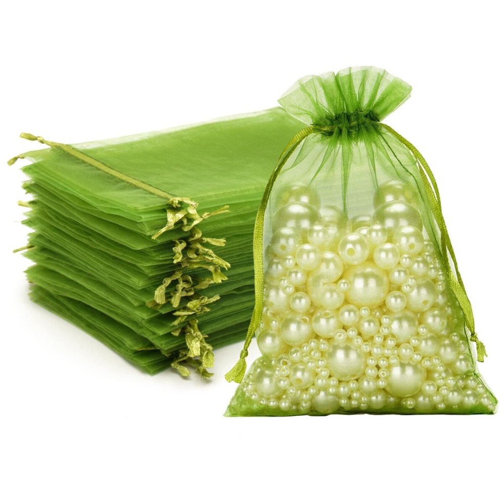 G2PLUS Green Organza Bags 4X6 in, 100PCS Sage Green Organza Gift Bags with Drawstring, Sheer Mesh Jewelry Pouches Tulle Bag for Candy, Jewelry, Fruits, Wedding, Christmas Party Favors