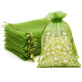 G2PLUS Green Organza Bags 4X6 in, 100PCS Sage Green Organza Gift Bags with Drawstring, Sheer Mesh Jewelry Pouches Tulle Bag for Candy, Jewelry, Fruits, Wedding, Christmas Party Favors
