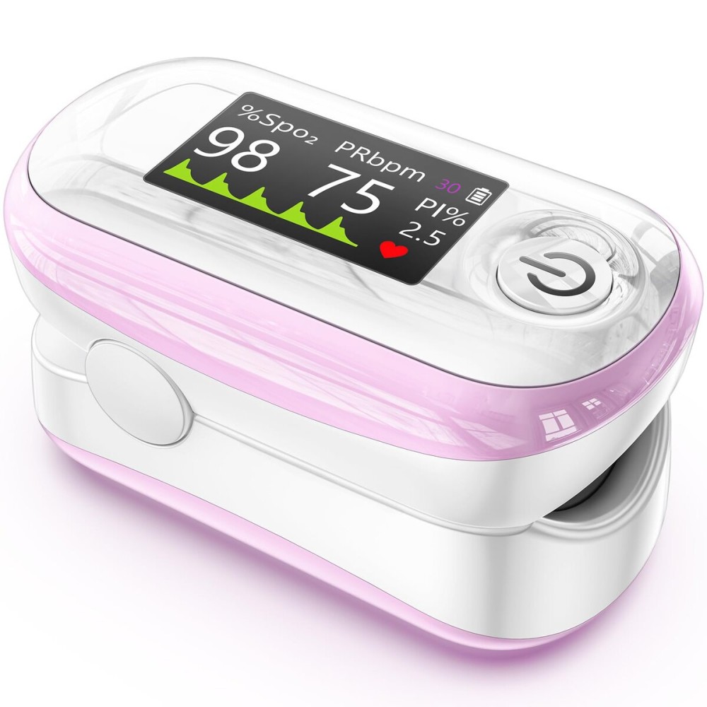 Alecaremed Pulse Oximeter, 4 Color OLED Display Oxygen Monitor Fingertip with 20  Memory, Blood Oxygen Saturation Monitor (SpO2), Alarm & Brightness Adjustable, Batteries & Lanyard (Pink)