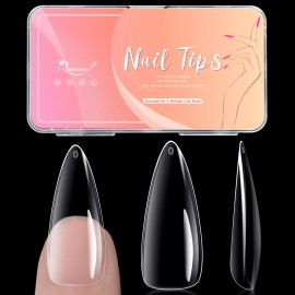 Ranrose Long Almond Nail Tips 240pcs Stiletto Soft Gel False Nails 12 Sizes Clear Full Cover Almond Shaped Press on Nail for Nail Extensions