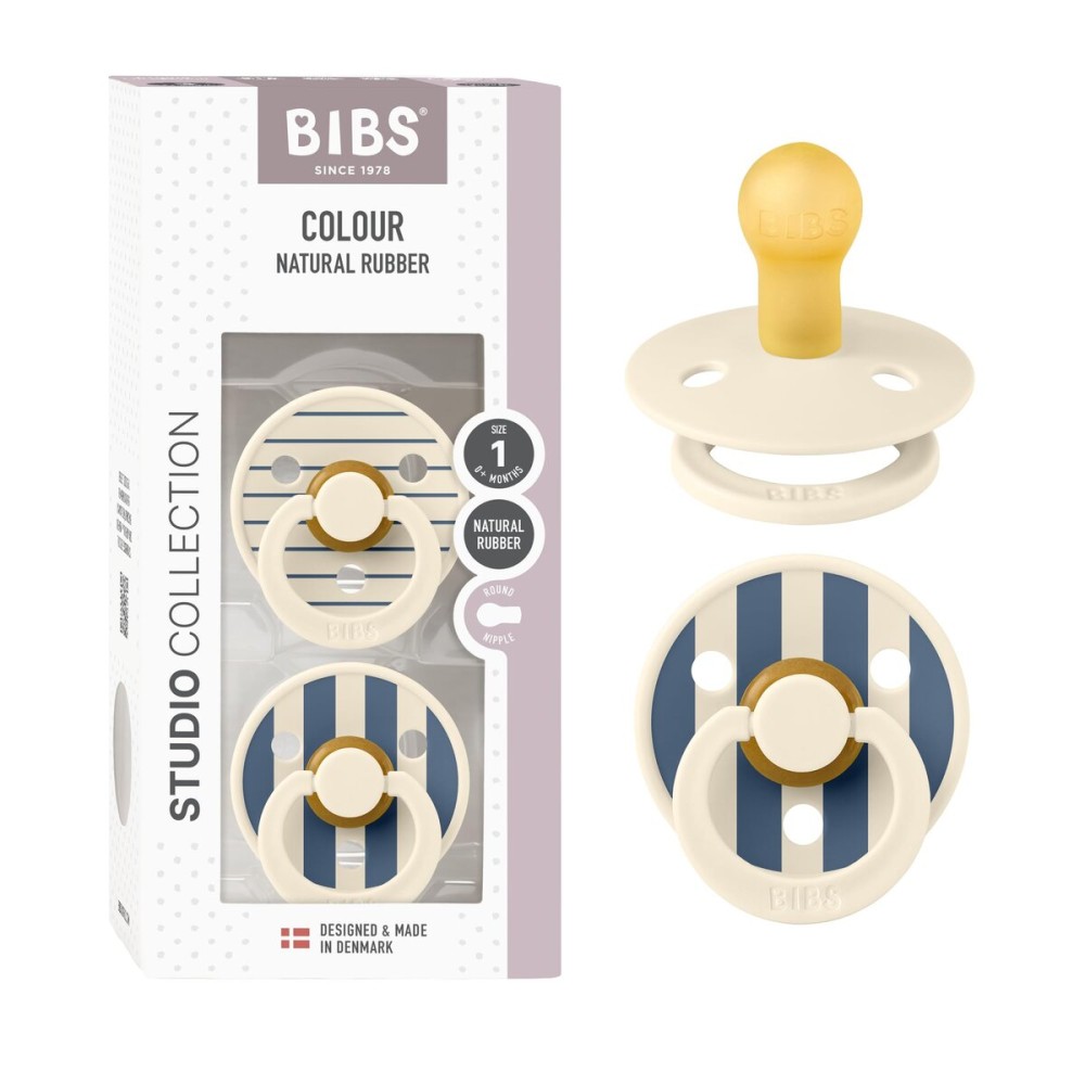 BIBS Pacifiers - Studio 2 Pack | Round Nipple Baby Pacifier | BPA Free Natural Rubber Latex Soother | Made in Denmark | Size 0+ Months | Pin Ivory Steel Blue