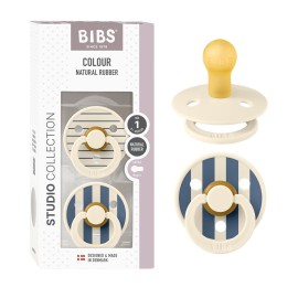 BIBS Pacifiers - Studio 2 Pack | Round Nipple Baby Pacifier | BPA Free Natural Rubber Latex Soother | Made in Denmark | Size 0+ Months | Pin Ivory Steel Blue