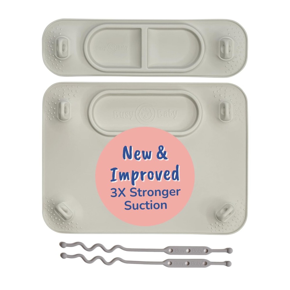 BUSY BABY Silicone Mat Bundle - 1 Original Mat Plus 1 Mini Mat, New Stronger Suction Cups, 6 Straps to Secure Baby Essentials and Keep Them Off The Floor, Baby Led Weaning, Wet Bag Included (Tan)