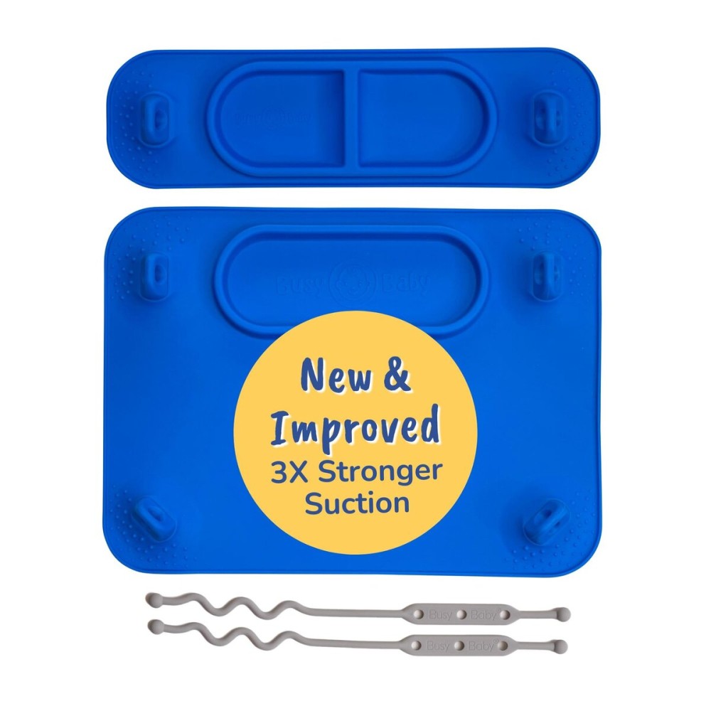 BUSY BABY Silicone Mat Bundle - 1 Original Mat Plus 1 Mini Mat, New Stronger Suction Cups, 6 Straps to Secure Baby Essentials and Keep Them Off The Floor, Baby Led Weaning, Wet Bag Included (Blue)