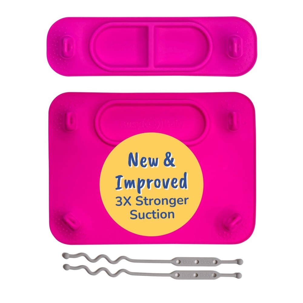 BUSY BABY Silicone Mat Bundle - 1 Original Mat Plus 1 Mini Mat, New Stronger Suction Cups, 6 Straps to Secure Baby Essentials and Keep Them Off The Floor, Baby Led Weaning, Wet Bag Included (Pink)