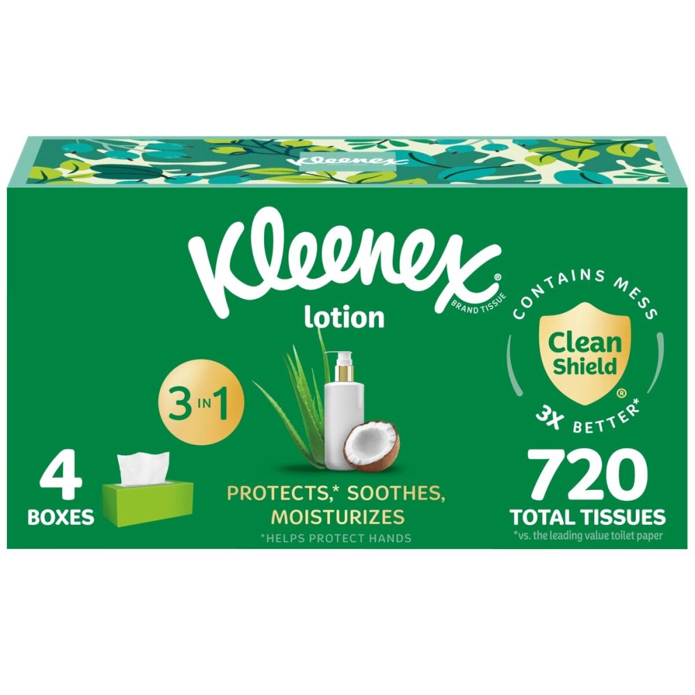 Kleenex Lotion Facial Tissues with Coconut Oil, 4 Flat Boxes, 180 Tissues Per Box, 3-Ply