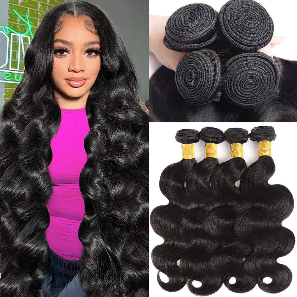 Katspon 12A Human Hair Bundles 20 22 24 26 Inch Body Wave 100% Unprocessed Brazilian Virgin Hair 4 Bundles Human Hair Extensions Quick Weave Natural Black