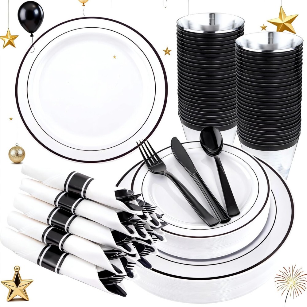 WELLIFE 210Pcs Black Plastic Dinnerware with Pre Rolled Napkins, Include:30 Dinner Plates, 30 Dessert Plates, 30 Paper Napkins, 30 Cups, 90 Plastic Cutlery