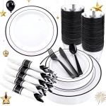 WELLIFE 210Pcs Black Plastic Dinnerware with Pre Rolled Napkins, Include:30 Dinner Plates, 30 Dessert Plates, 30 Paper Napkins, 30 Cups, 90 Plastic Cutlery