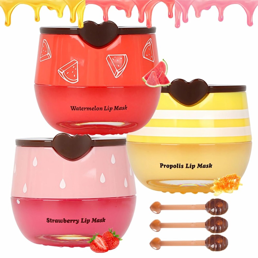 3 PCS Bee Lip Balm Lip Mask Honey Pot, Honey & Strawberry & Watermelon Lip Sleeping Mask Overnight Moisturizing Honey Lip Balm, Hydrating Prevention Dry & Cracked Lip Scrubs Lip Care