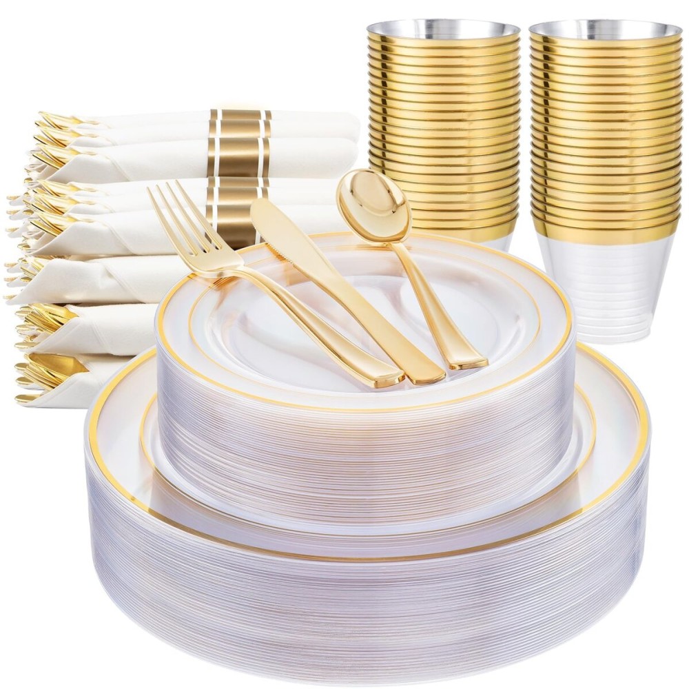 WELLIFE 350PCS Clear-Gold Plastic Plates - 100 Disposable Plates, 150Plastic Silverware, 50 Cups, 50 Napkins for Wedding & Party