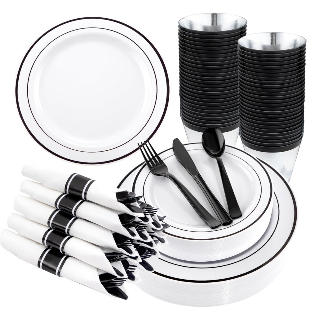 WELLIFE 350Pcs Black Plastic Dinnerware with Pre Rolled Napkins, Include:50 Dinner Plates, 50 Dessert Plates, 50 Paper Napkins, 50 Cups, 150 Plastic Cutlery