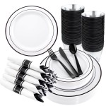 WELLIFE 350Pcs Black Plastic Dinnerware with Pre Rolled Napkins, Include:50 Dinner Plates, 50 Dessert Plates, 50 Paper Napkins, 50 Cups, 150 Plastic Cutlery
