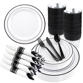 WELLIFE 350Pcs Black Plastic Dinnerware with Pre Rolled Napkins, Include:50 Dinner Plates, 50 Dessert Plates, 50 Paper Napkins, 50 Cups, 150 Plastic Cutlery