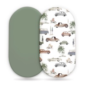 GRSSDER Stretchy Ultra Soft Fitted Bassinet Sheet Set 2 Pack, Universal Fit for Bassinets Baby Cradle Moses Basket Oval Rectangle Mattress Safe and Snug, Stylish Bassinet Sheets of Cars Print for Boys