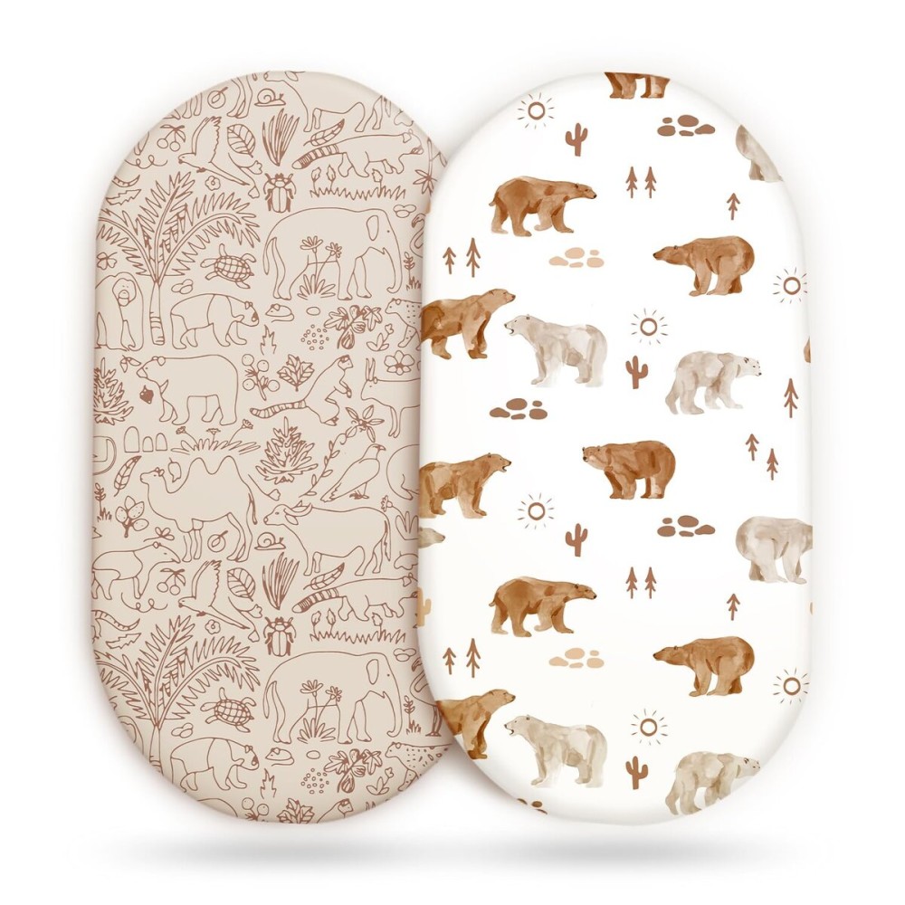 Stretch Ultra Soft Fitted Bassinet Sheet Set 2 Pack, Universal Fit for Bassinets Baby Cradle Moses Basket Oval Rectangle Mattress Safe and Snug, Stylish Bassinet Sheets of Sunny Bear Print