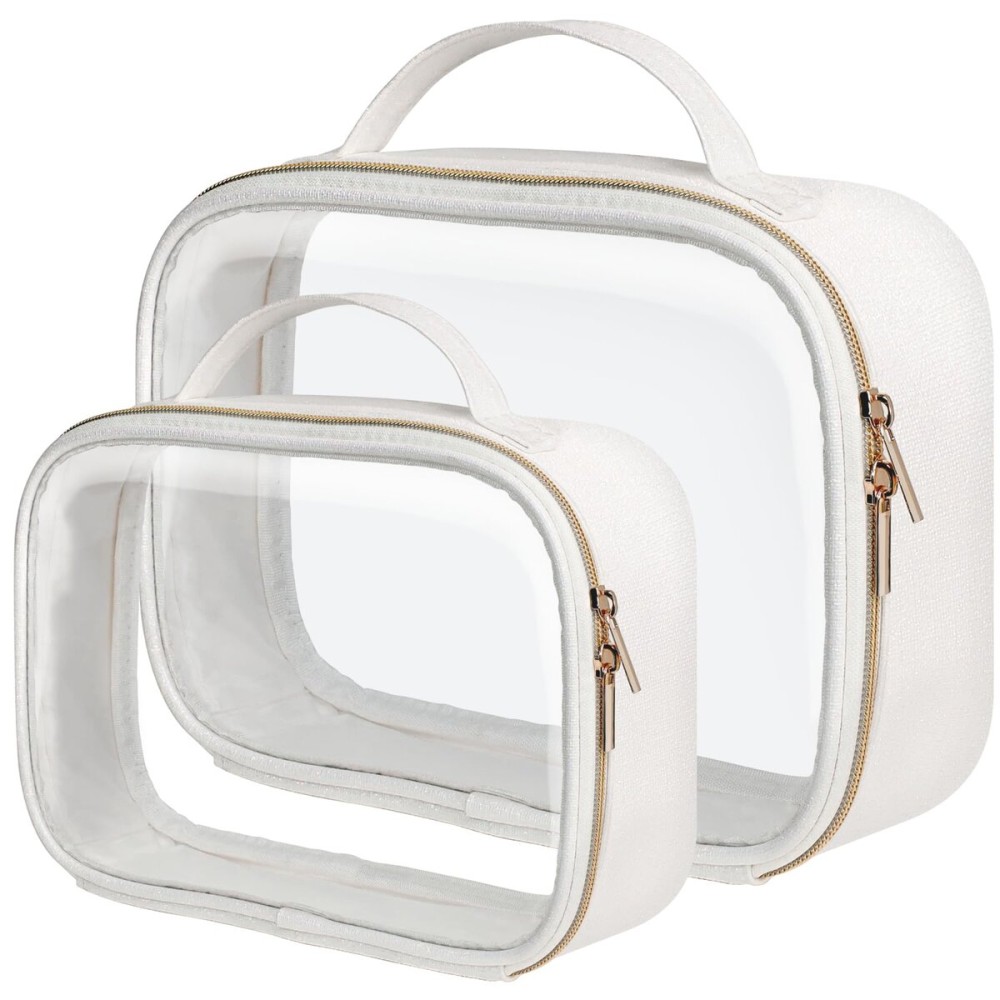 PACKISM TSA Approved Toiletry Bag 1 Large 1 Medium - Glitter Textured Clear Toiletry Bag, Personalized and Fashion, with 180 Large Opening and Supporting Frame, Perfect for Travel Essentials, White