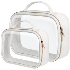 PACKISM TSA Approved Toiletry Bag 1 Large 1 Medium - Glitter Textured Clear Toiletry Bag, Personalized and Fashion, with 180 Large Opening and Supporting Frame, Perfect for Travel Essentials, White