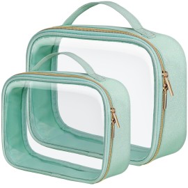 PACKISM TSA Approved Toiletry Bag 1 Large 1 Medium - 2 Pack Glitter Textured Clear Makeup Bag, Personalized and Fashion, with 180 Large Opening and Supporting Frame, Green