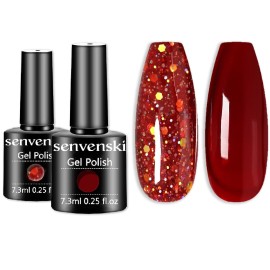 senvenski Red Jelly Gel Nail Polish Kit, Red Gold Glitter Gel Polish, Maroon Cerise Translucent Colors with Milky Sheer Finish | Vegan UV/LED Nail Art Kit Gift for Women (CS2-015)