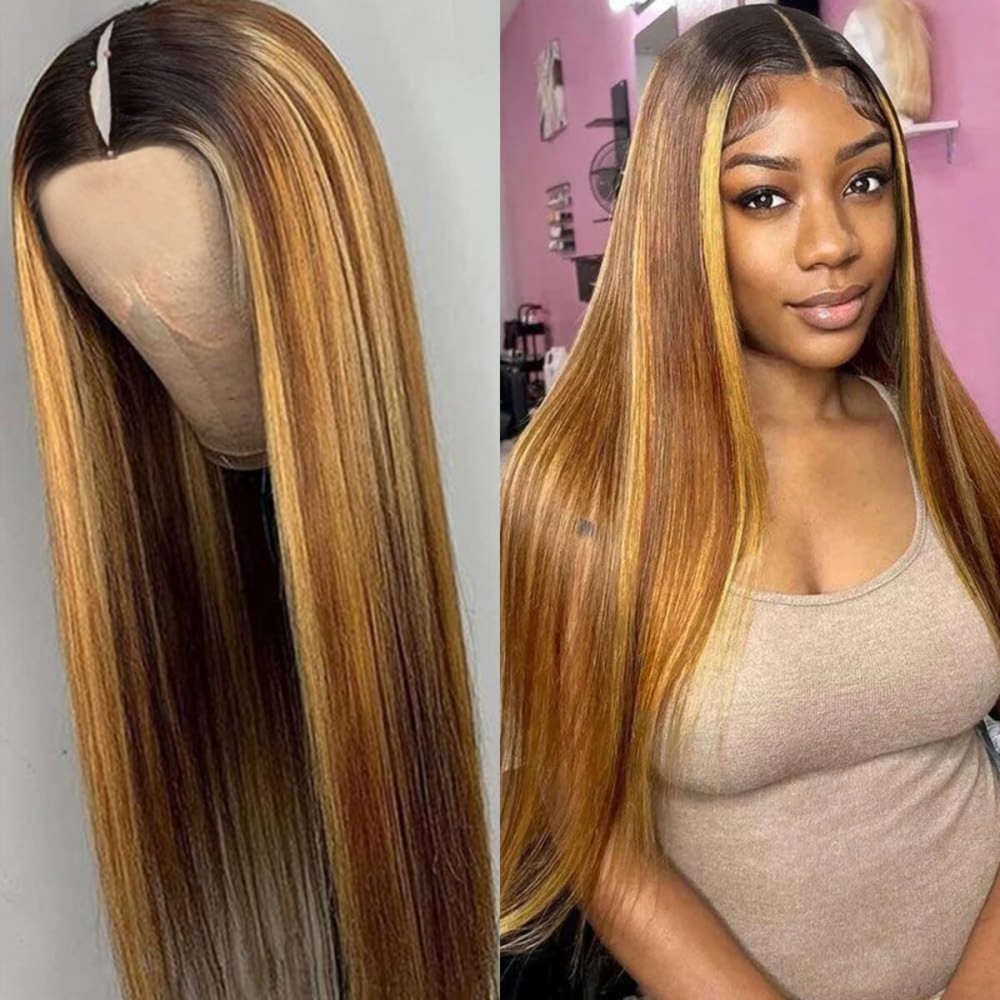 Pobokix Highlight Ombre V Part Wigs Human Hair Straight Balayage Blonde V Part Human Hair Wigs Glueless Clip in Half Wigs for Black Women 180% Density 22inch T1BP4/27