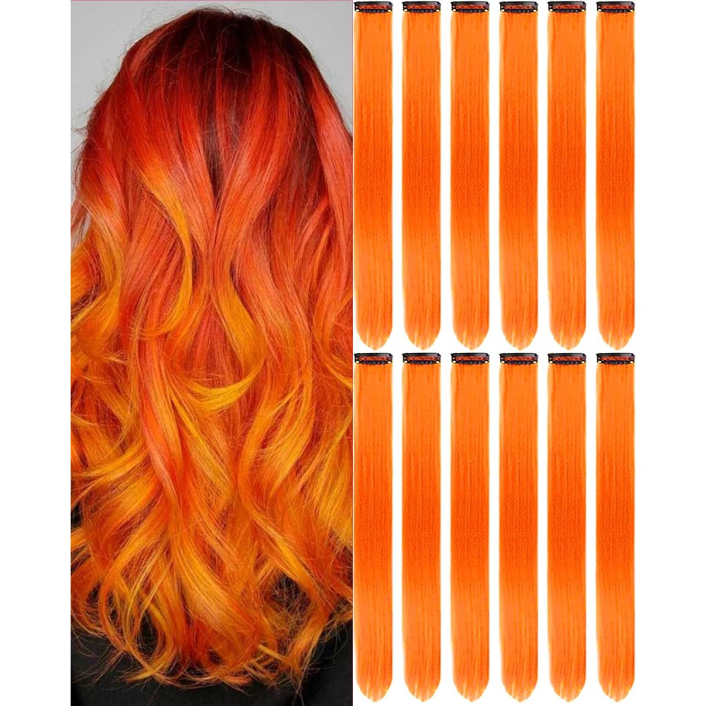 Olldag 12 PCS Orange Hair Extensions Clip in, 22 Inch Colored Party Synthetic Neon Highlights Extensions, Rainbow Hair Accessories for Girls Women Kids Hair Pieces (Orange)