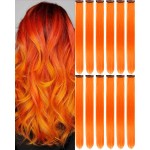 Olldag 12 PCS Orange Hair Extensions Clip in, 22 Inch Colored Party Synthetic Neon Highlights Extensions, Rainbow Hair Accessories for Girls Women Kids Hair Pieces (Orange)