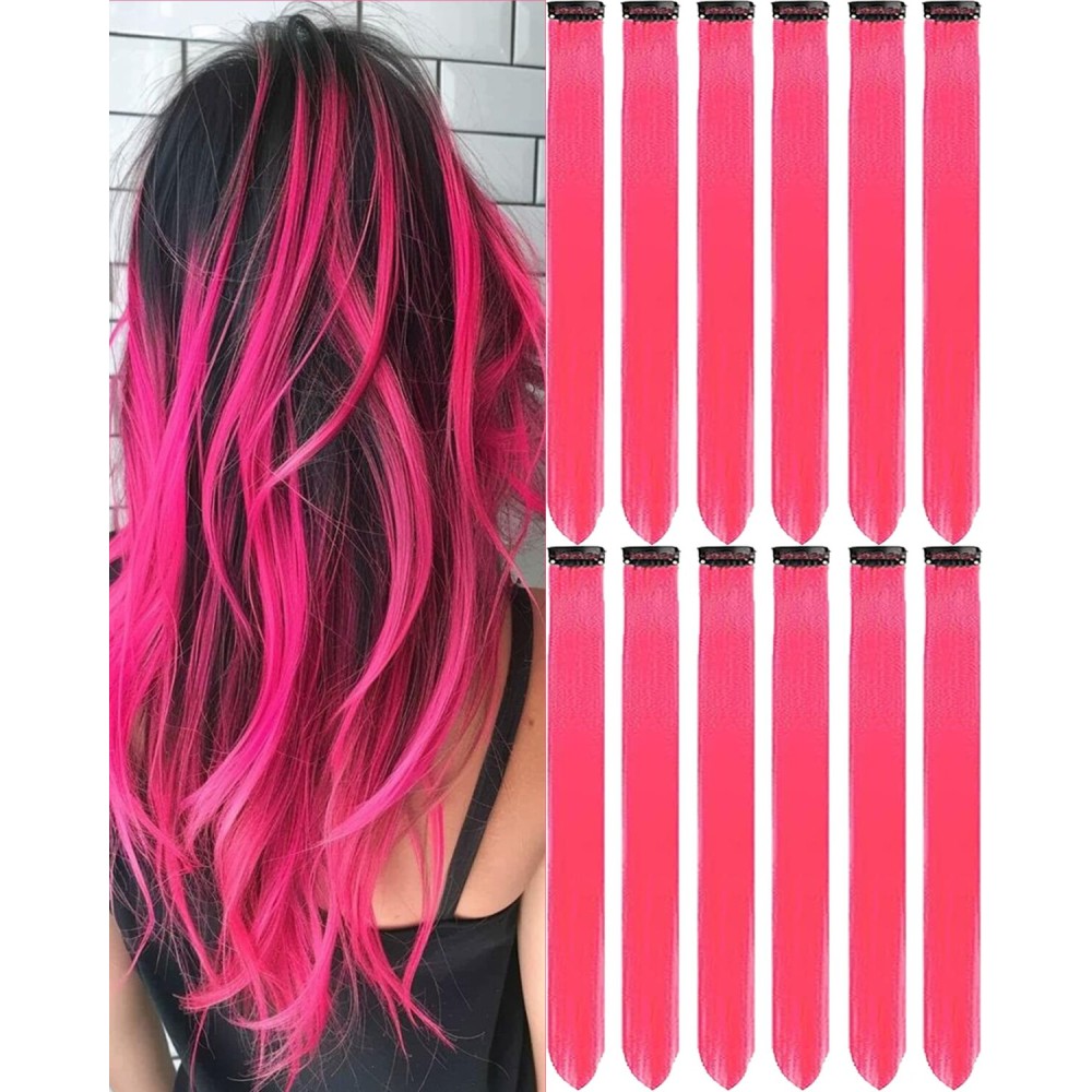 Olldag 12 PCS Hot Pink Hair Extensions Clip in 22 inch, Colored Party Synthetic Neon Highlights Extensions, Rainbow Hair Accessories for Girls Women