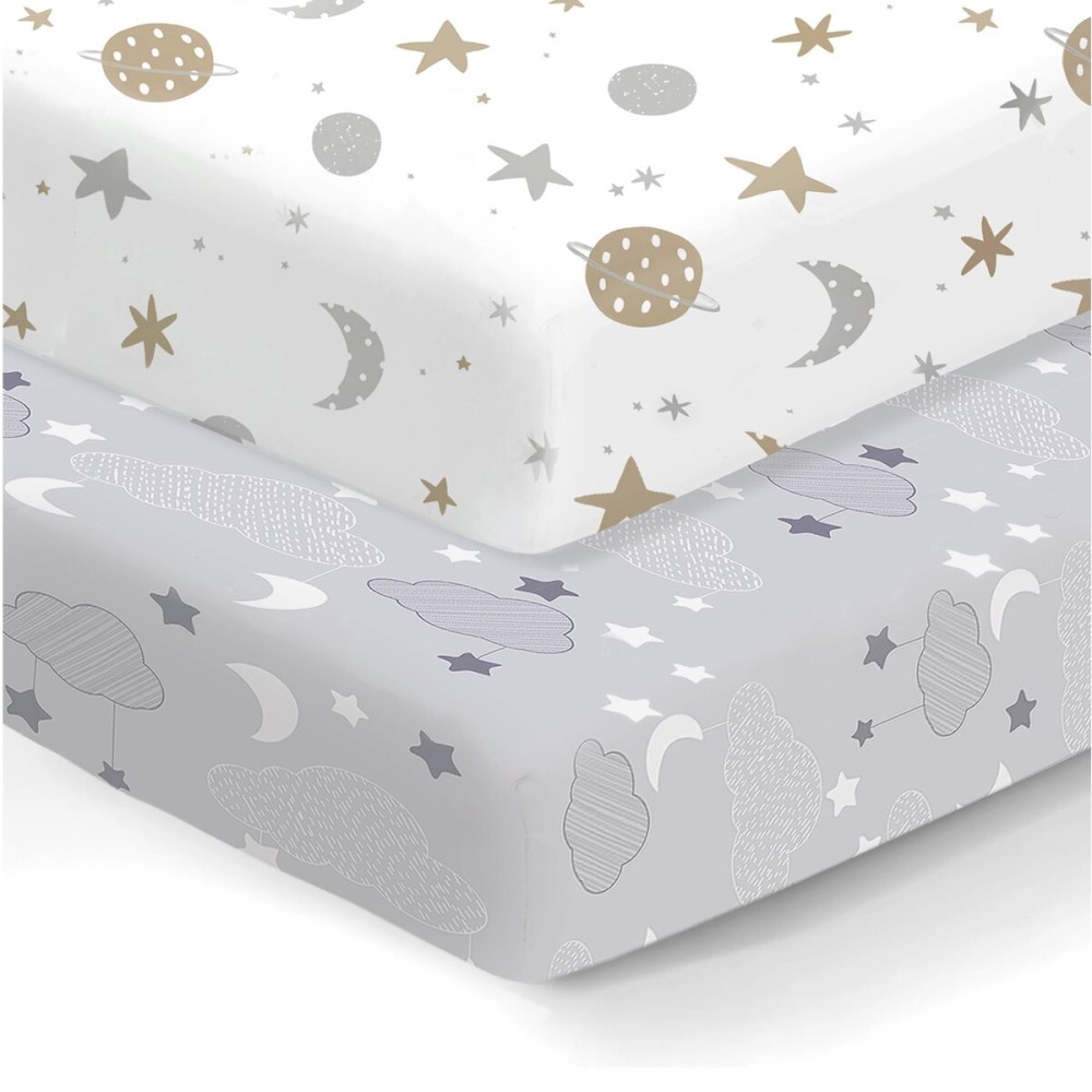 100% Organic Cotton Fitted Mattress Sheets for Graco Pack n Play, Babyletto, Pamo Babe, Dream on Me, Evenflo, Baby Trend Portable/Mini Crib/Playards, and Beka Bedside Bassinet 2 Pk Space & Sky