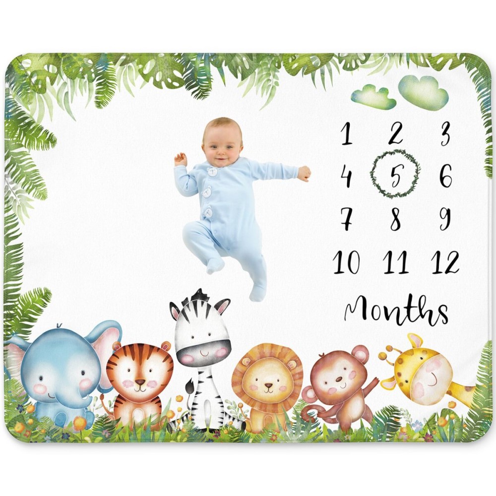 Safari Milestone Blanket for Boy - Jungle Animals Theme, Monthly Tracker with Wreath, Soft Fleece 50x40, Newborn Photo Prop, Cute Nursery Decor for New Moms