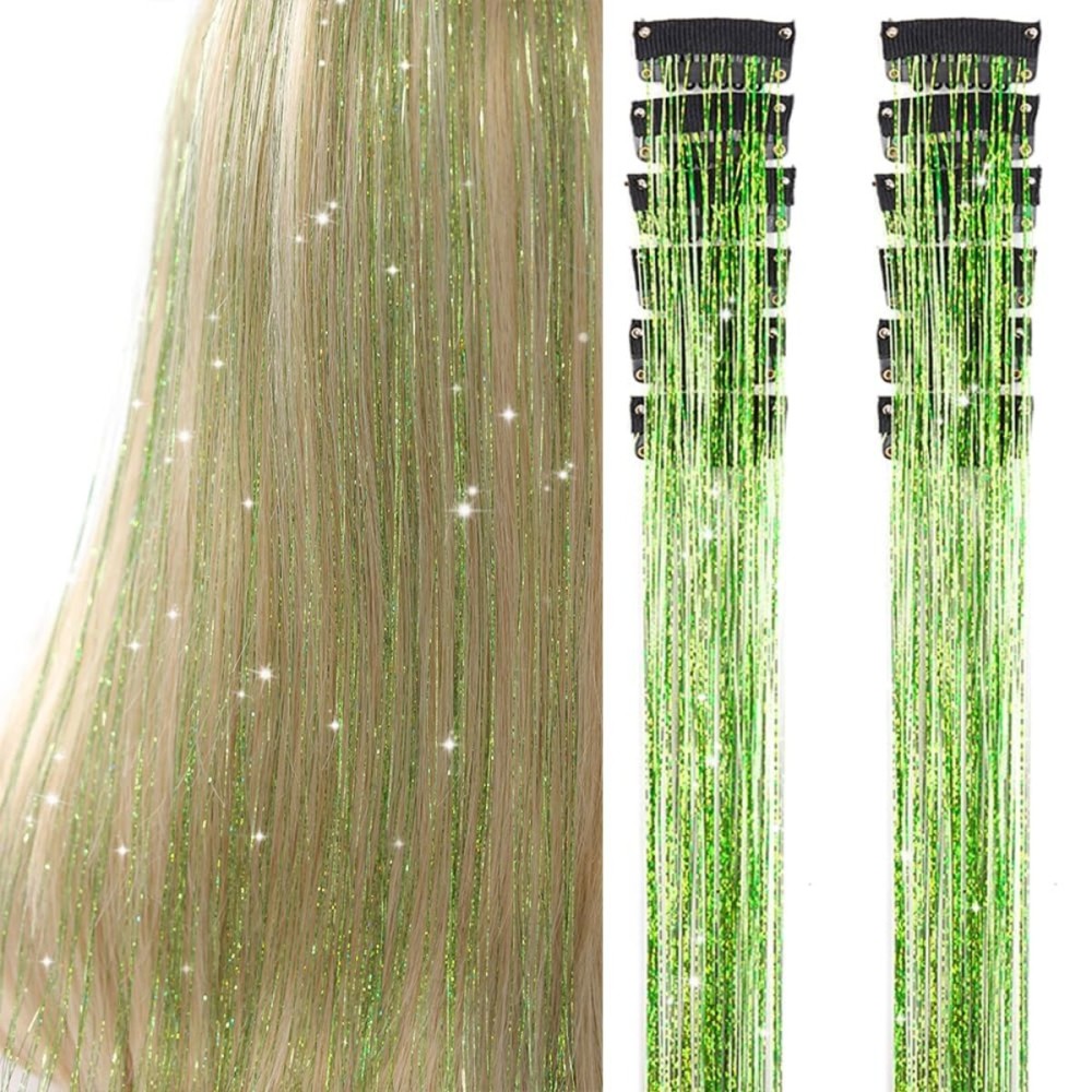 Hair Tinsel Pack of 12 Pcs Clip in Hair Tinsel 20 Inch Glitter Green Tinsel Green Hair Extensions, Festival Tinsel Fairy Hair Party Dazzle Hair Accessories Strands Kit(12Pcs,Grass Green)