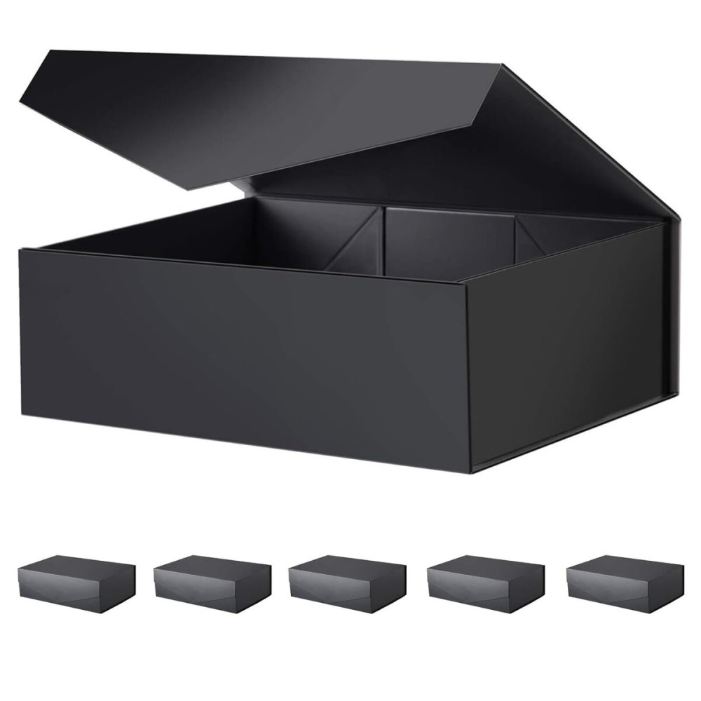 BLK&WH 6 Large Gift Boxes 13.5x9x4.1 Inches, Black Collapsible Groomsman Gift Boxes with Magnetic Lids (Matte Black)