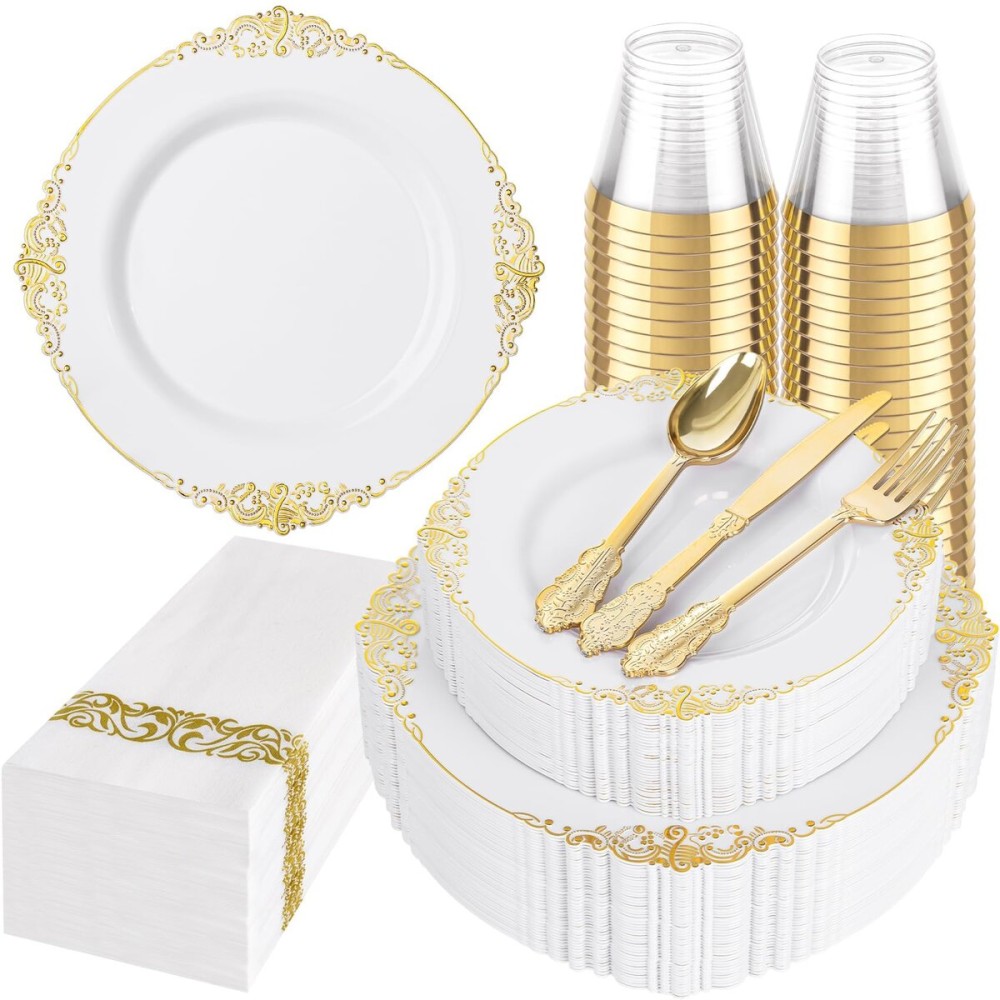 Hioasis 175pcs White and Gold Plastic Plates - Elegant Disposable Dinnerware Set Suitable for 25 Guests Include 10.25 Dinner & 7.5 Dessert Plates, Cutlery, Napkins, Cups for Party & Wedding