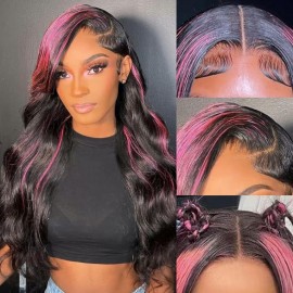 Avolo 28 Inch Ombre Lace Front Wig Human Hair 1B/Pink Highlight Wig Human Hair 13x4 HD Lace Front Wigs Human Hair Colored Black And Pink Wig Glueless Wigs 180% Density