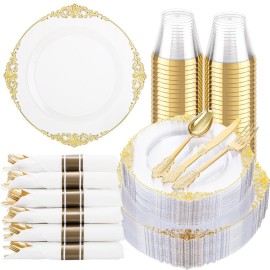 Hioasis 175pcs Clear and Gold Plastic Plates - Elegant Disposable Dinnerware Set Suitable for 25 Guests Include 10.25 Dinner & 7.5 Dessert Plates, Pre Rolled Silverware Set, Cups for Party & Wedding