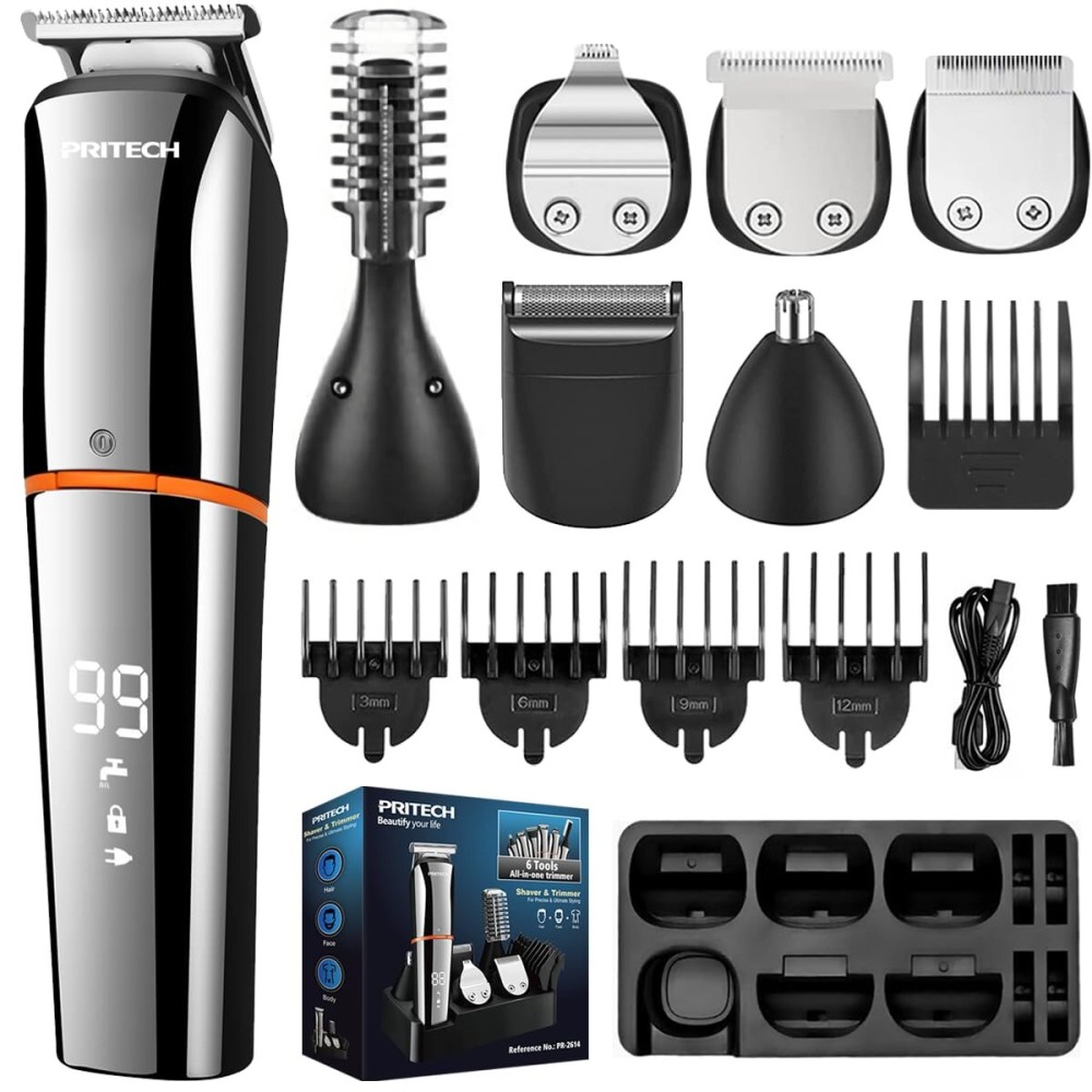 PRITECH Beard Trimmer for Men,6 in 1 Hair Clippers Kit, Precision Cordless Grooming Kit Waterproof IPX6 for Beard, Hair, Body, Nose, Ear, with Foil Razor (Silver)